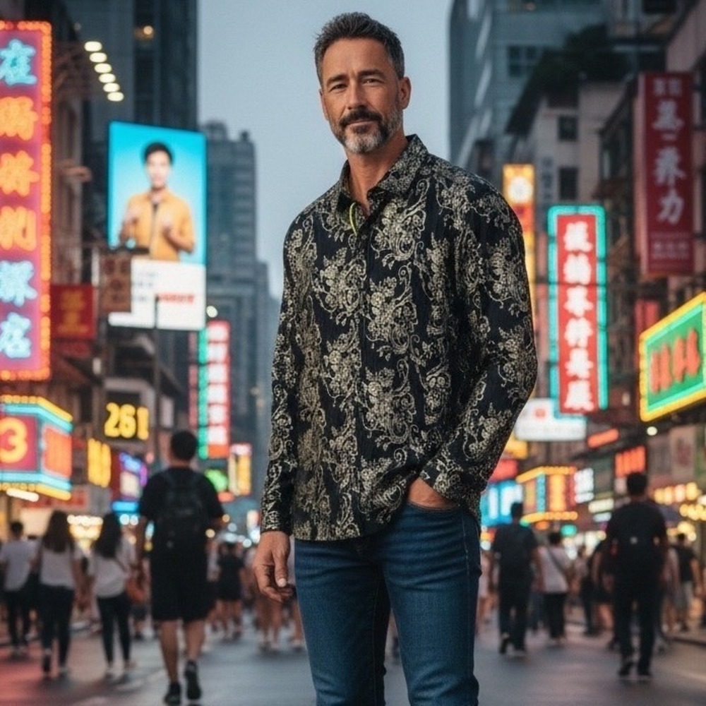 Eight X Premium Mens Slim Fit Floral Filigree‎ Button Down Shirt Black Gold XL